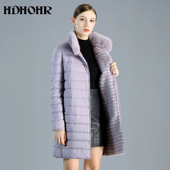 

HDHOHR 2019 New Women's Real Mink Fur Coat With Down Double Side Wear Natural Mink Fur Jackets Winter Warm Strip Long Fur coats