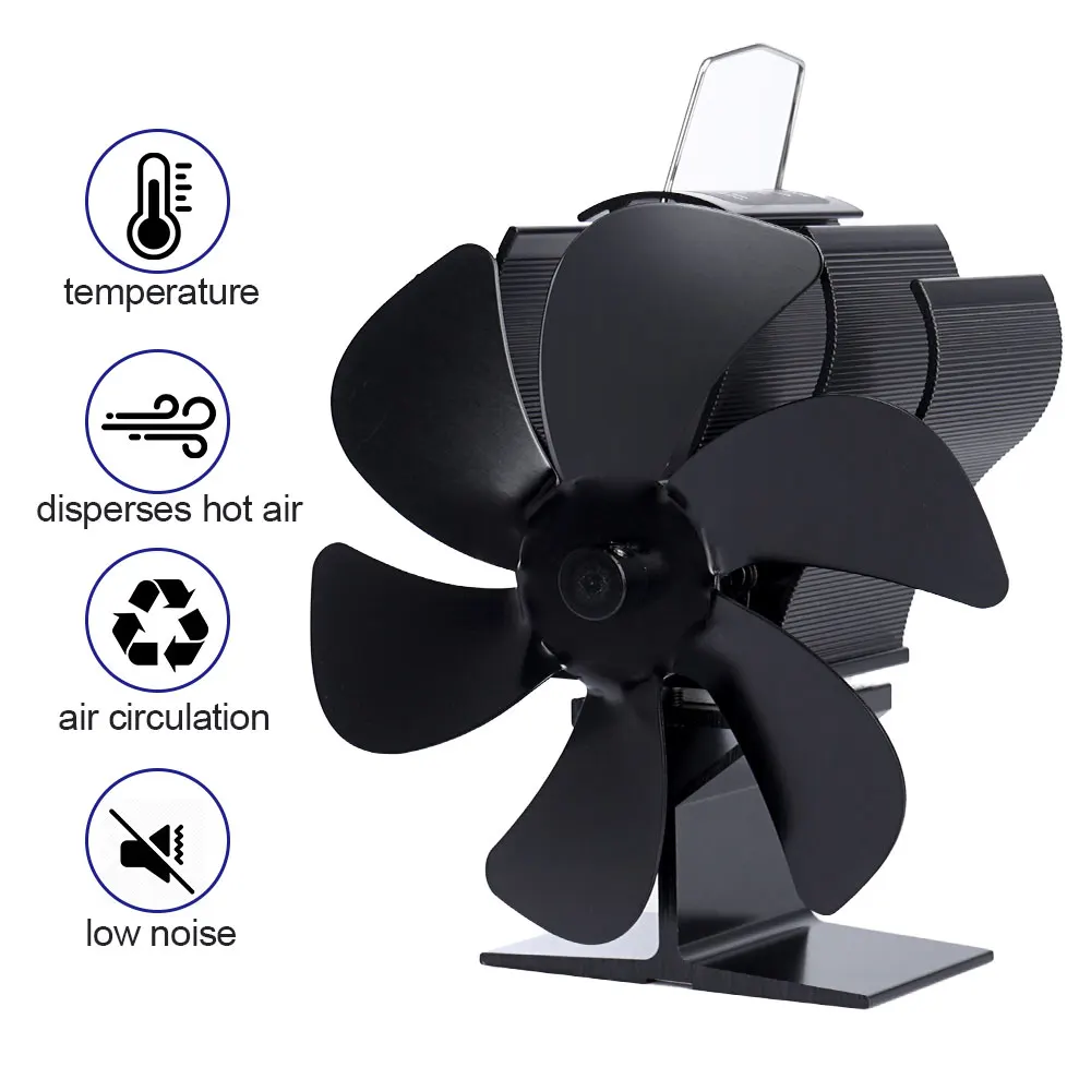 Black Fireplace Fan With 6 Blades Heat-powered Stove No Battery or Electricity Required Log Wood Burner Eco Quiet | Обустройство дома