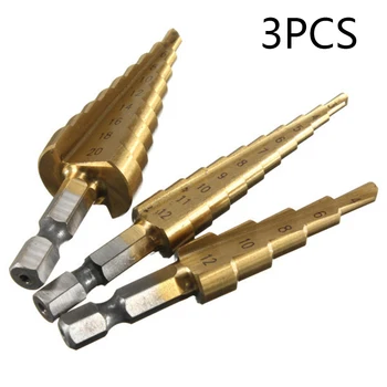 

3PCS Step Drill Titanium Coated HSS Metal Cone Hole Cutter Bits Hex Shank Set