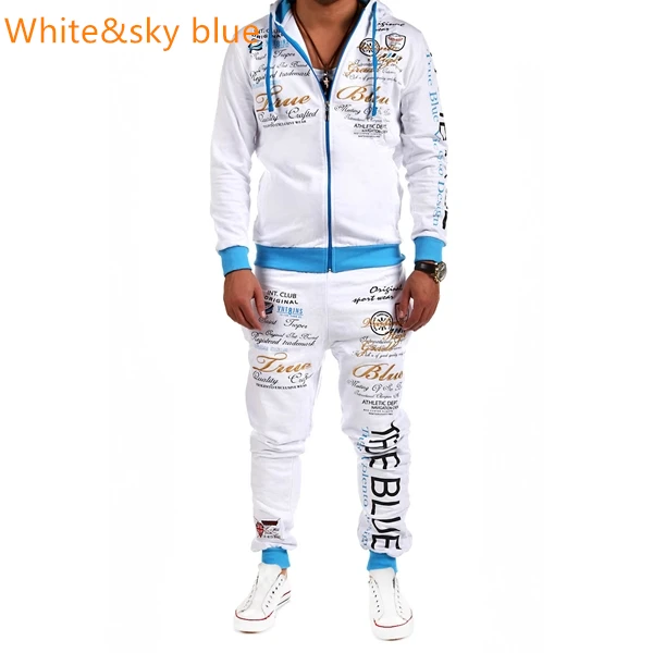 White sky blue ZOGAA, повседневный мужской костюм, осенняя спортивная одежда, комплекты, спортивный костюм на молнии, толстовки с принтом, топы+ спортивные штаны, 2 предмета в комплекте, мужская одежда - Цвет: White sky blue