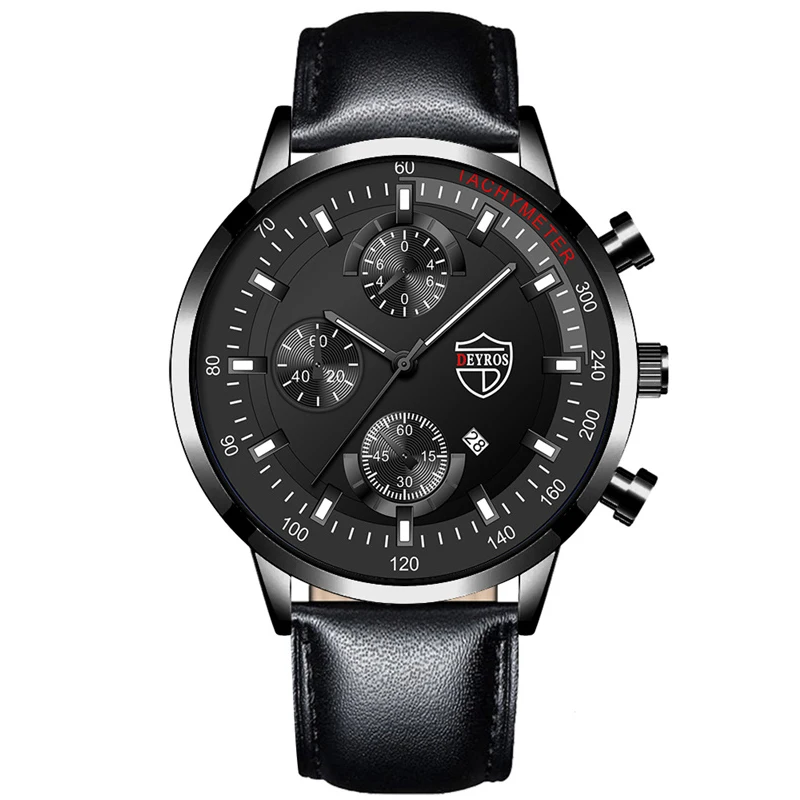 Luxury Mens Leather Watches Stainless Steel Fashion Calendar Quartz Wrist Watch Leather Bracelet Male Business Luminous Clock 