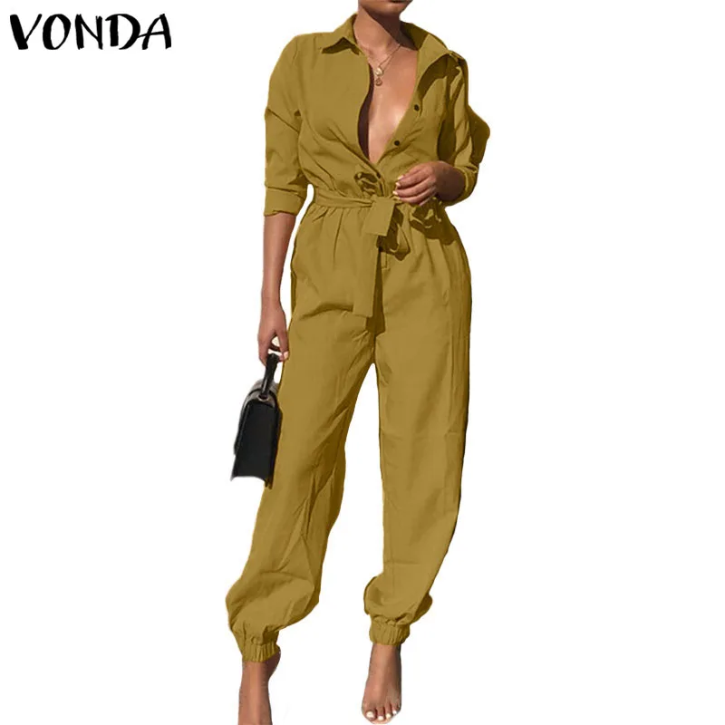 VONDA, сексуальный женский комбинезон,, Осенние повседневные штаны, винтажные, с длинным рукавом, вечерние комбинезоны с глубоким v-образным вырезом, комбинезоны размера плюс - Цвет: Цвет: желтый