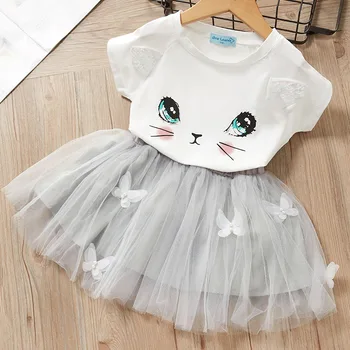 

Girls Clothing Sets 2020 Summer Fashion Style Kids Clothes Cartoon Kitten Printed T-Shirts+Net Veil Dress Girls Clothes