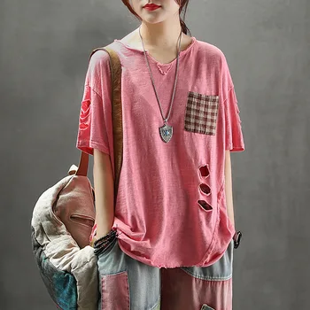 

Soft Cotton Small Pocket T Shirt Loose O Neck Hole Irregular Short Sleeve Women's Tees Pink Black Amy Green Khaki Orrange Color