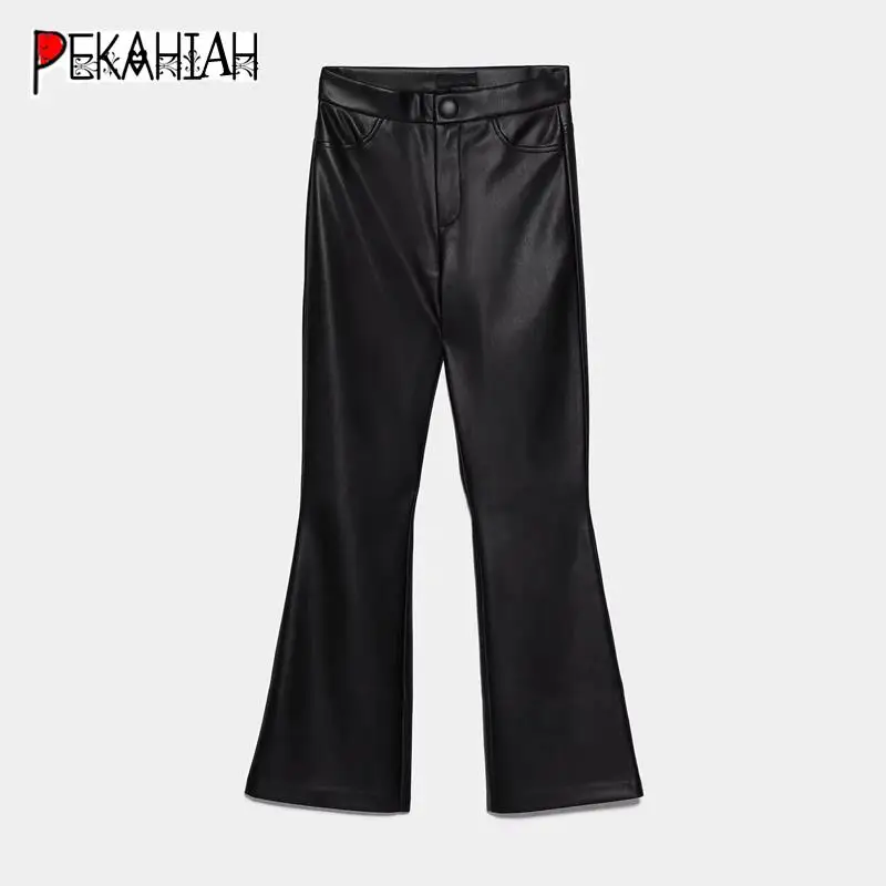 

Fashion faux leather pants women wide leg pants winter PU stretch high waist pant streetwear loose trousers women black pants
