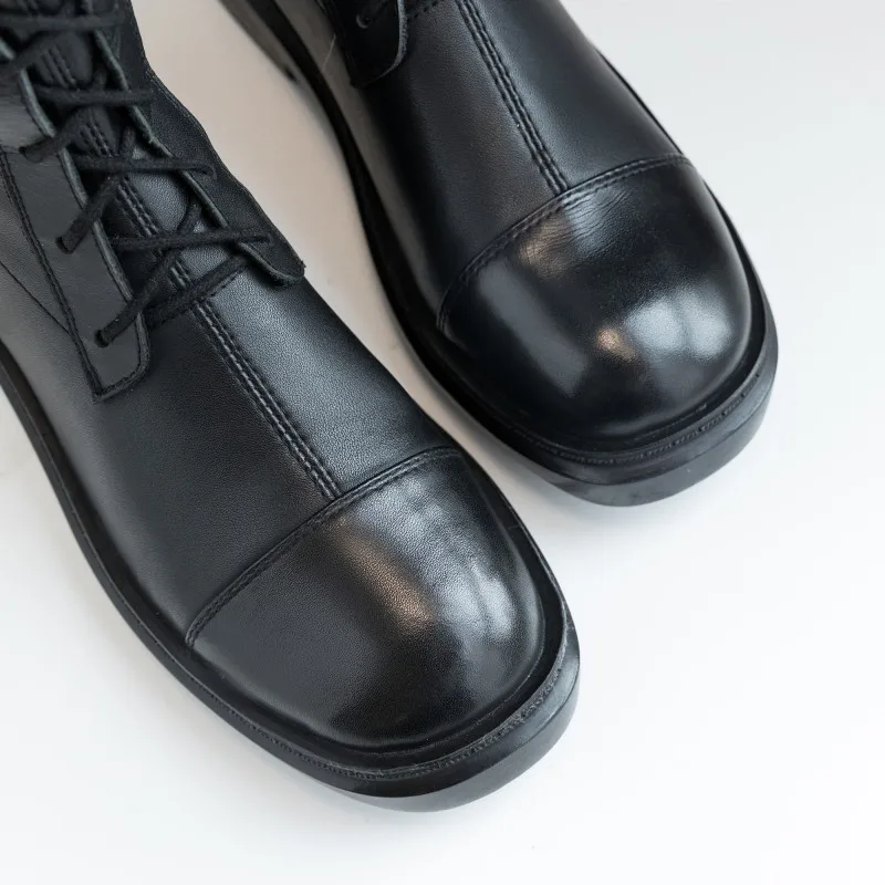 Prova Perfetto Winter Black Fashion Women Martin Knee-high Boots Cow Leather Flat Long Boots Women Hand-made Leather Boots