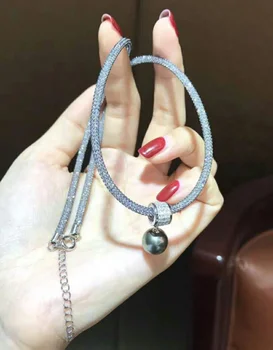 

10-11mm round Natural Tahitian Black Green Pearl Pendant 925 silver