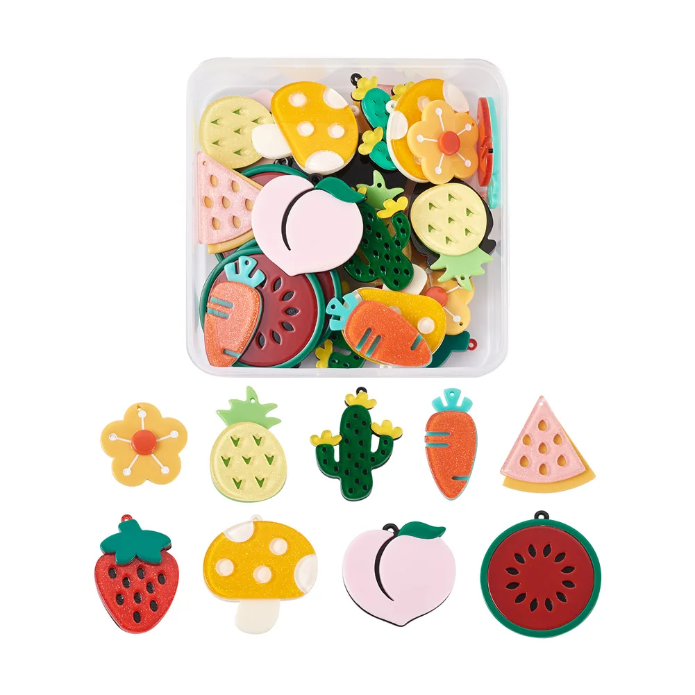 

36Pcs 9 Styles Cellulose Acetate(Resin) Pendants with Glitter Powder Mushroom Cactus Strawberry Watermelon Pineapple Carrot