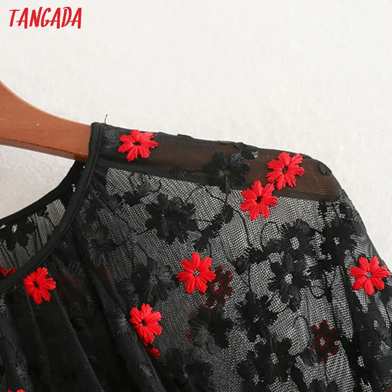 Tangada women elegant embroidery mesh dress o neck long sleeve fashion lady black party long vestidos CE114