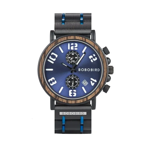 BOBO BIRD Роскошные брендовые деревянные часы для мужчин relogio masculino наручные часы с хронографом военный подарок для отца сына - Цвет: bluezebra