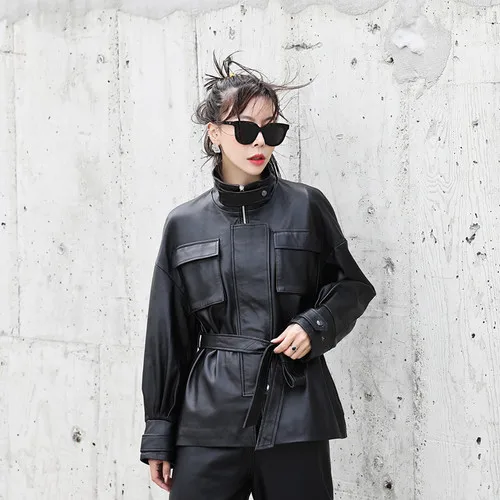 Черный Genuine Leather Jacket Highstreet Mock Neck Pocket Front Wrap Waist Sheepskin Coat Women Autumn Casual Office Lady Outwear - Цвет: Черный