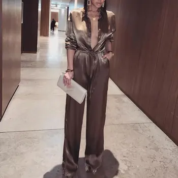 

Elegant Loose Satin Bodycon Bandage Jumpsuit Women Spring Sexy Solid Lapel Deep V Neck Playsuits Ladies Streetwear