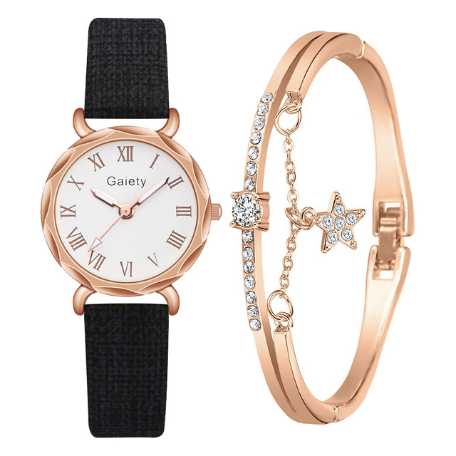 Brand 2pcs Set Casual Watch For Women Rhinestone Bracelet Watch Leather Ladies Wrist Clock Simple Dress Gfit Montre Femme