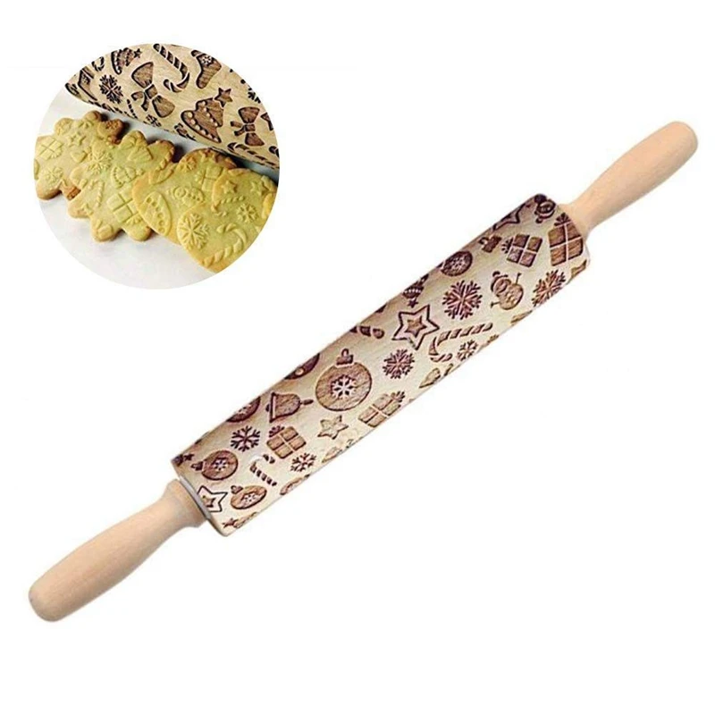 Christmas Wooden Rolling Pins, Christmas tree Shape Decor Embossing Rolling Pin,with Handle Engraved Xmas Symbols Carved For Coo