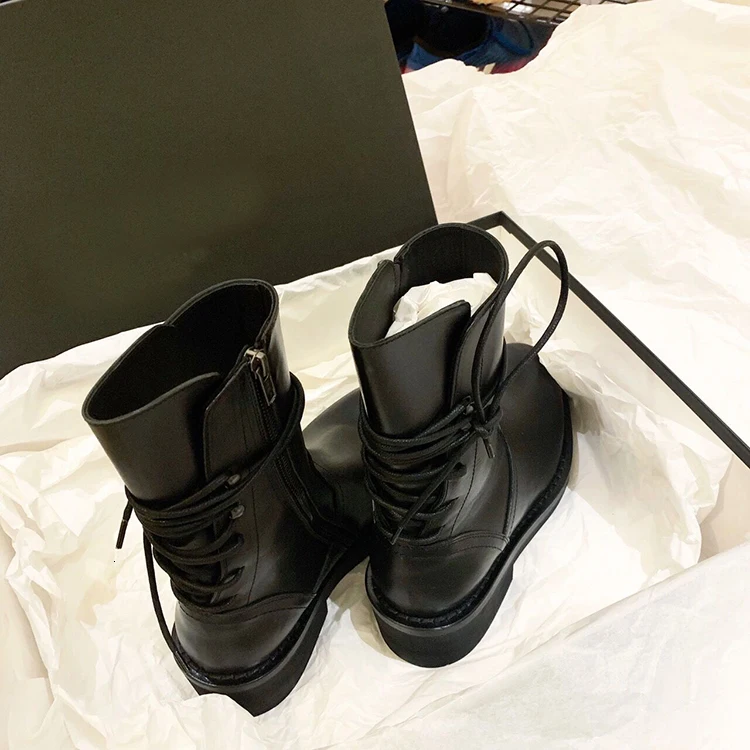 Thick Heels Martin Boots Woman Back Lace-up Motorcycle Botines Round Toe Black Knight Botas Mid-calf Solid Leather Ladies Shoes