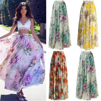 

Women Jersey Floral Gypsy Stretchy High Waist Pleated Long Maxi Skirt Sun Summer Bench Dress