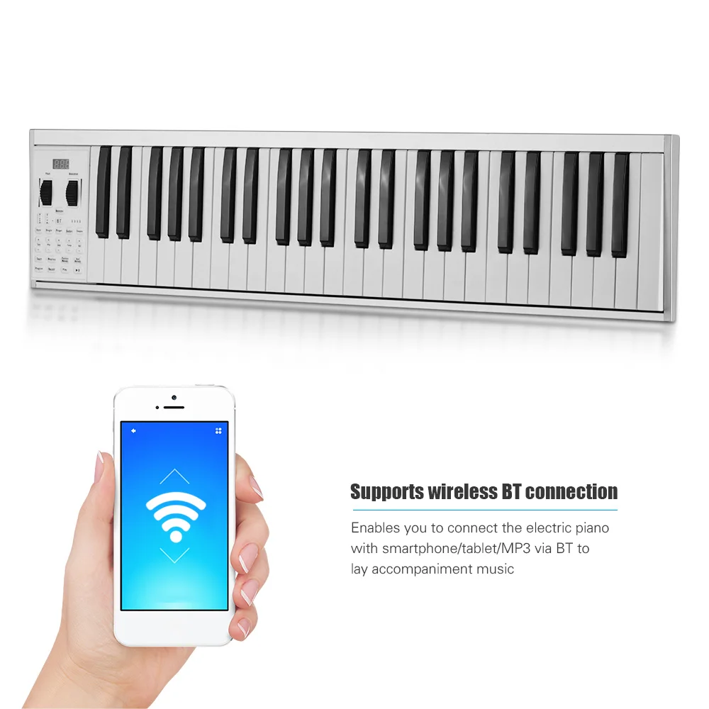 

Electronic Keyboard Piano 49 lighted Keys 128 Tones Supports Teaching Recording MIDI Functions BT Connection USB Rechargeable