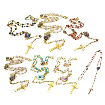 

Cross Pendant Rosary Necklace Christian Religion Jesus Glass Crystal Chain Jewelry Charm Gifts