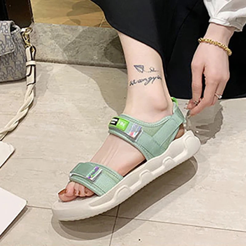 Sports sandals female ins tide 2021 summer new net red Korean version of the Velcro student flat women's shoes | Обувь