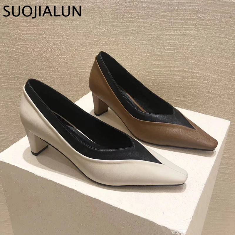 SUOJIALUN New Brand Med Heels Women Pump High Quality Women Sexy Shoes Ladies Dress Party Pump Shoes Office Ladies Shoes