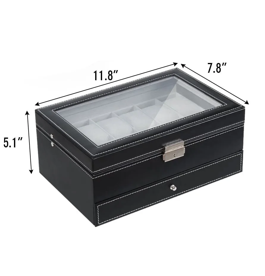 Watch Box Mens 12 Slots PU Leather Watch Case Organizer Jewelry Display Drawer Glass Top with Lock Black
