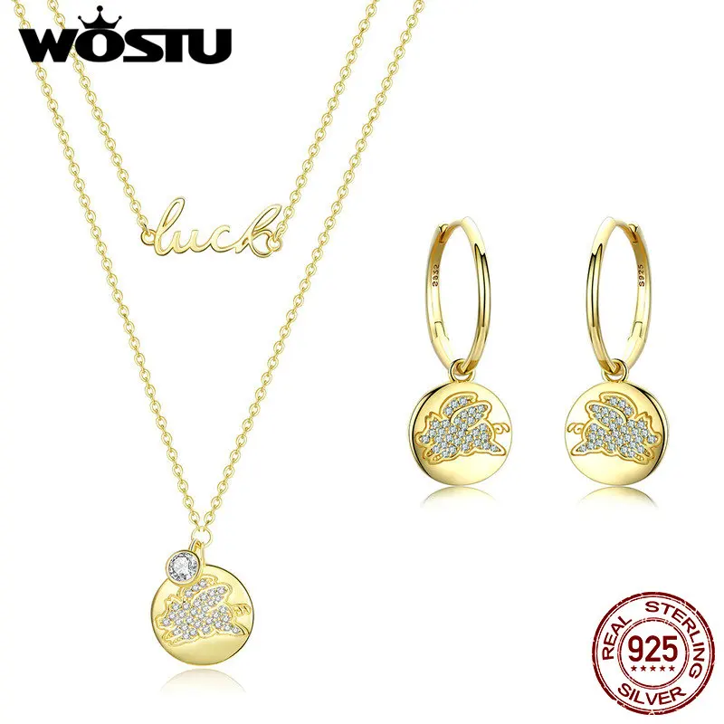 WOSTU, 925 пробы, серебряные серьги-гвоздики и ожерелье, ювелирные наборы для женщин, модные ювелирные изделия золотого цвета XCS153