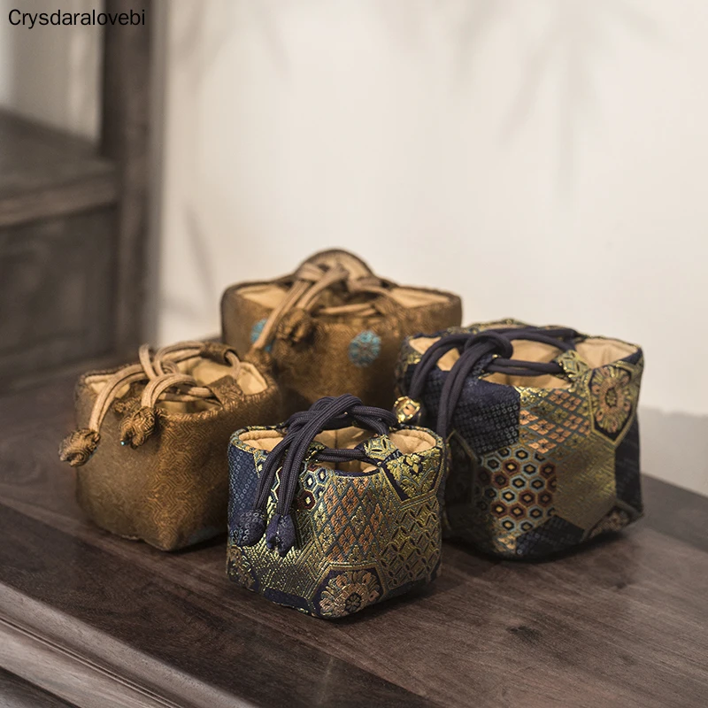 Chinese Style Retro Brocade Tea Set Storage Bag Portable Cotton Linen Tea Cozies Household Travle Accessory Hand Bag