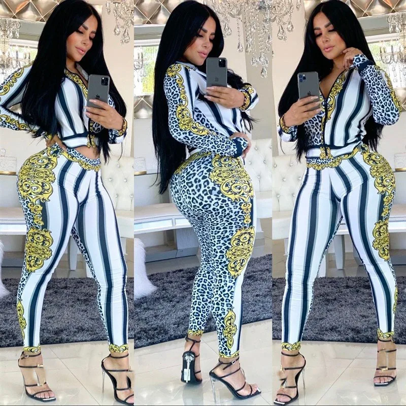 Spring Sexy Lady Set 2 Pieces Crop Top And Long Pant Suit Female Sexy Tracksuit Zipper Fly Coat Long Skinny Pants Sets