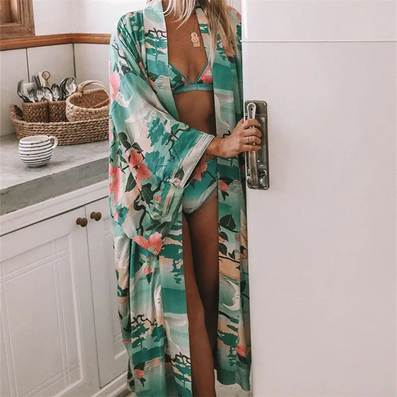 2021 зеленая богемная женская летняя пляжная одежда с принтом бикини платье