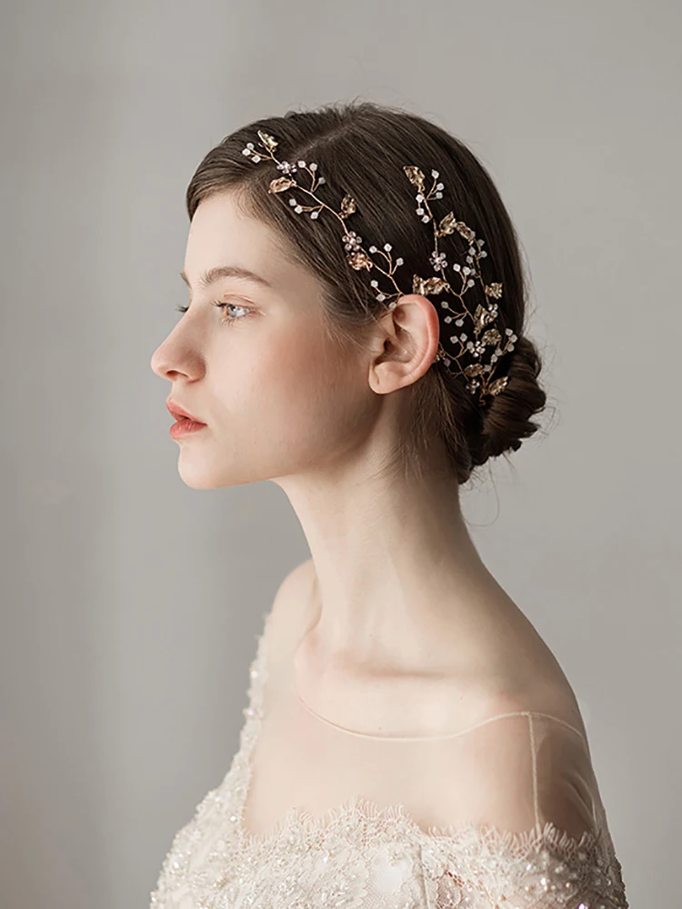 Vintage Bridal Gold Rhinestones Flower And Leaves Handmade Headband Headpiece Wedding Hair Accessories hair accessories bridal hair accessories