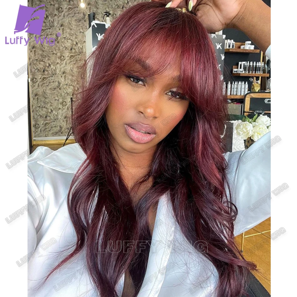 #99j Color Burgundy Wavy Wig with Bangs Human Hair Full Machine Made Scalp Top Wig 180 Density Red Remy Brazilian Wigs for Women
