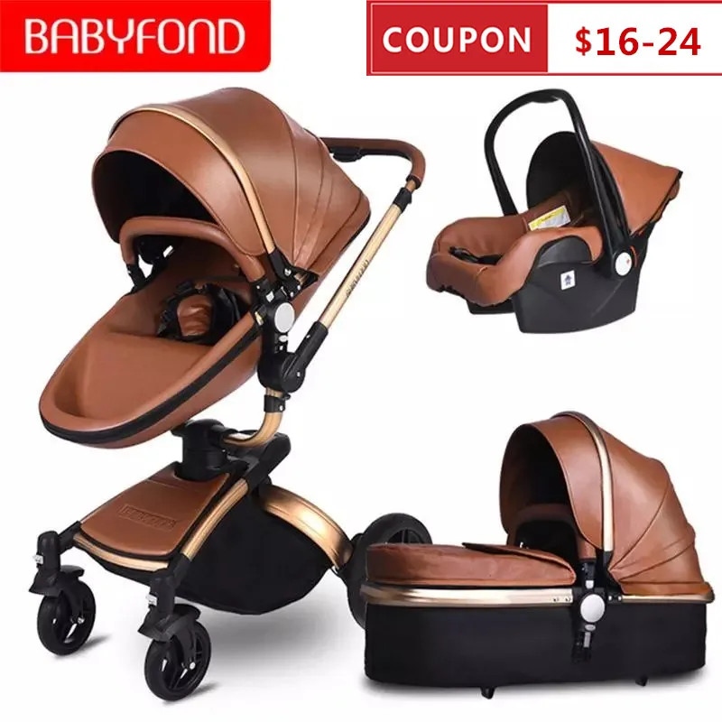 25 долл. США Купоны! babyfond кожа коляска Роскошные Детские коляски 3 в 1 складной