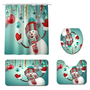 

Christmas Shower Curtain Carpet Floor Mat Combination Bathroom Toilet Cushion Bathroom Curtain Set