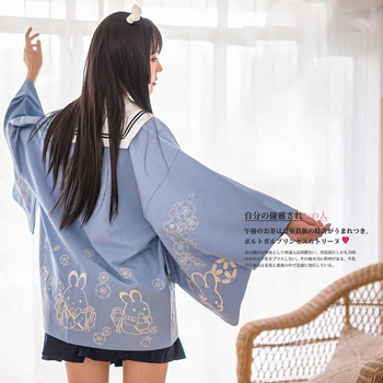 

Lovely embroidery Kimonos Women 2020 Japanese Kimono Cardigan Cosplay Blue Blouse Fashion Vintage Japanese Female Summer Kimono