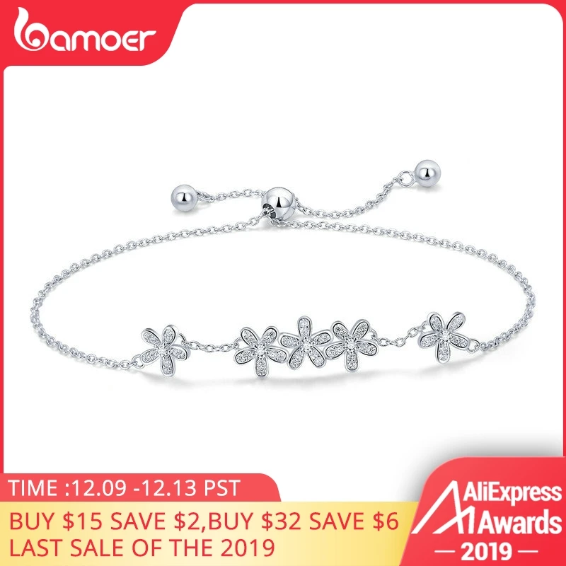 Online BAMOER Genuine 925 Sterling Silver Luminous Daisy Flower Women Bracelets Clear CZ Fashion Bracelet Jewelry Making Gift SCB084