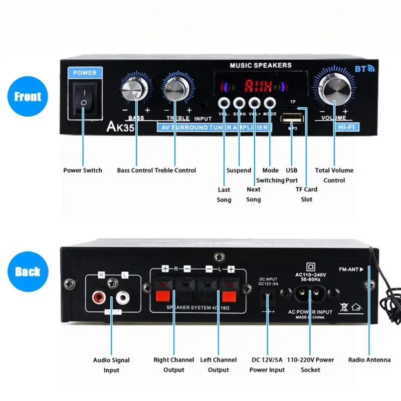 110-240V AK35 800W Home Digital Amplifiers Audio Bass Audio Power Bluetooth-compatible Amplifier Car Music Subwoofer Speakers