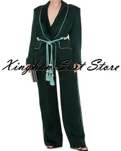 

Hot Sale Green Satin Shawl Lapel Double-breasted Women Slim Fit Suits Work Office Ladies Professional Trouser 2 Pcs Formal Wear