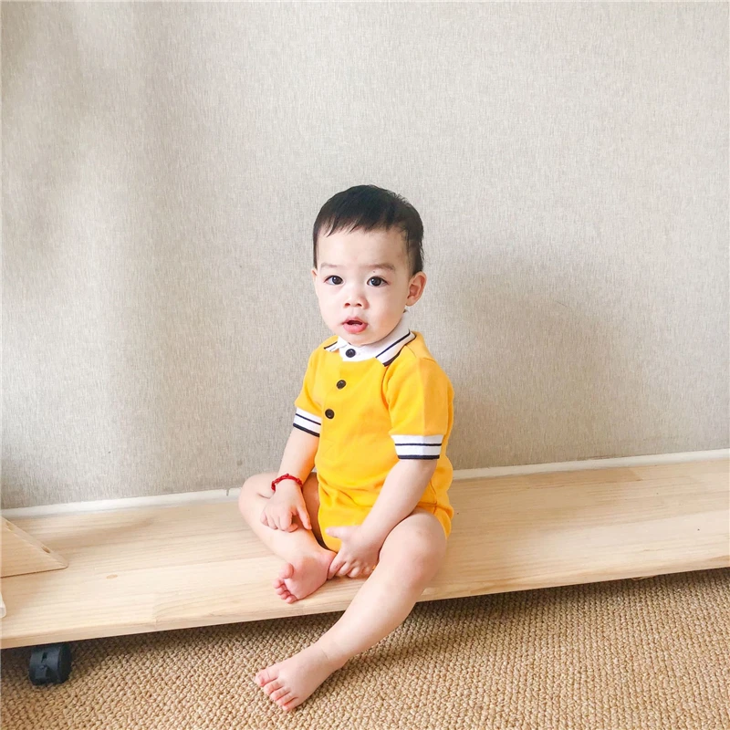 Летний детский комбинезон с лацканами, короткий рукав, треугольник, одежда для малышей, аристократическая одежда для малышей, хлопковый однотонный комбинезон для сестры