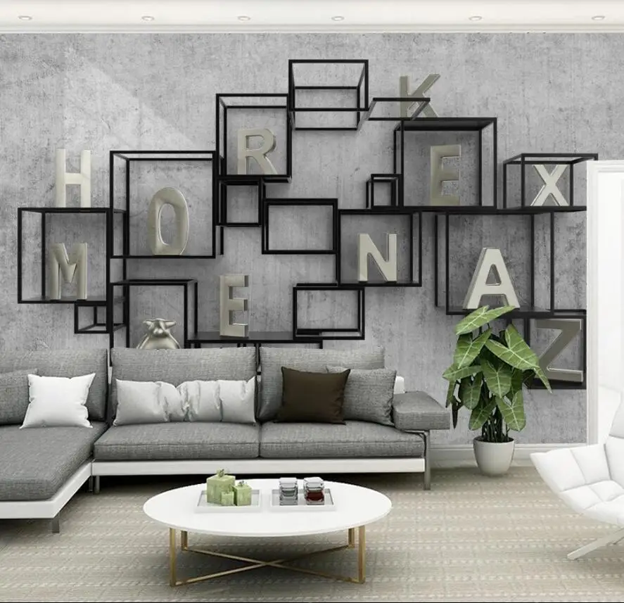 CJSIR Custom Large Mural Painter 3D Three-dimensional Minimalist Metal Checkered Letters New Chinese TV Background Wallpaper |