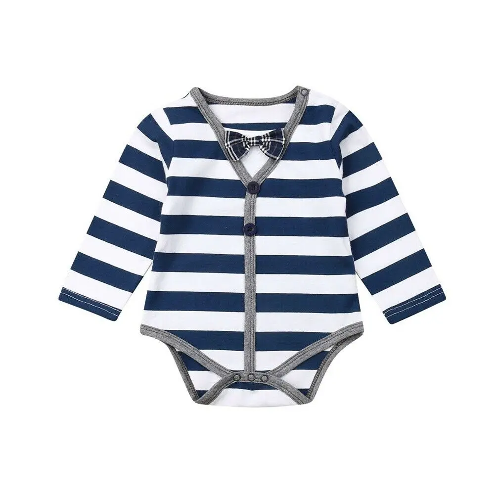 

0-24M Little Gentleman Newborn Baby Boy Long Sleeve Striped Bow Tie Baby Bodysuit Jumpsuit One Pieces Clothes