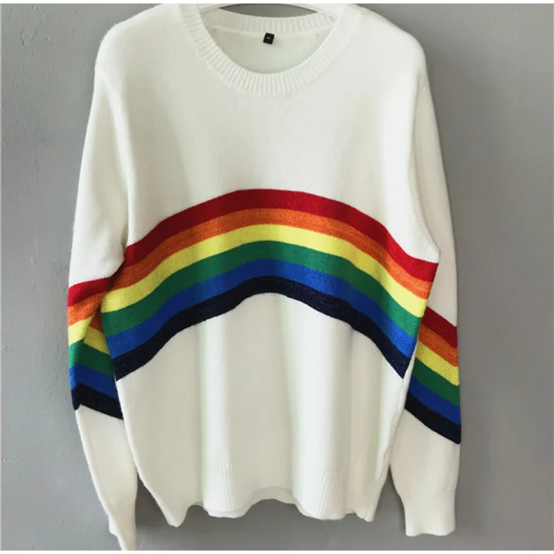 Rainbow Strips Sweater Women O-neck White Pullover Casual Ribbed Sweaters Female Autumn Knitwear Bright Silk Lady Pullovers