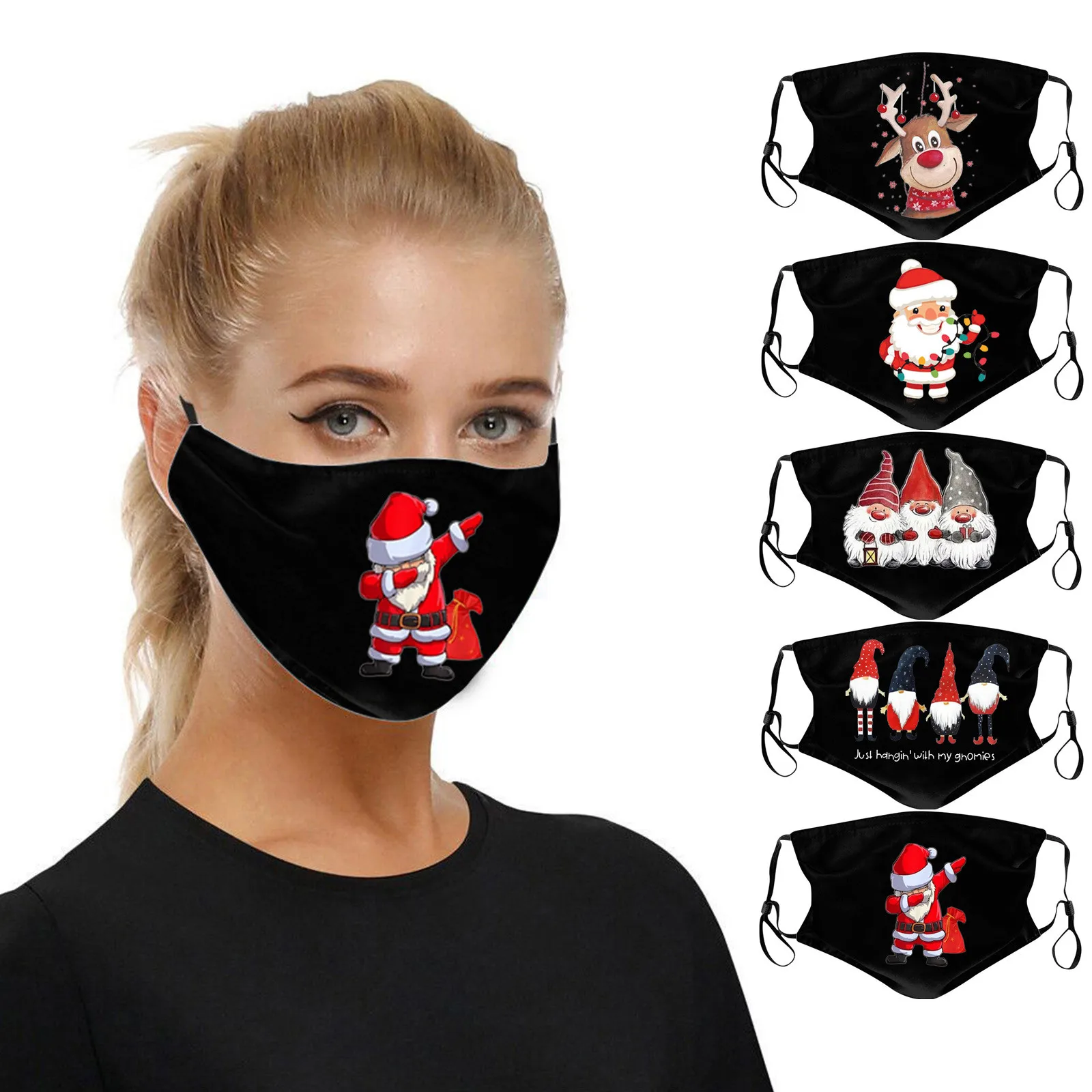 

5pc Christmas Print Mouth Masks for Protection Face Mask Washable Earloop Mask Bandage Happy New Year mouth covering cotton