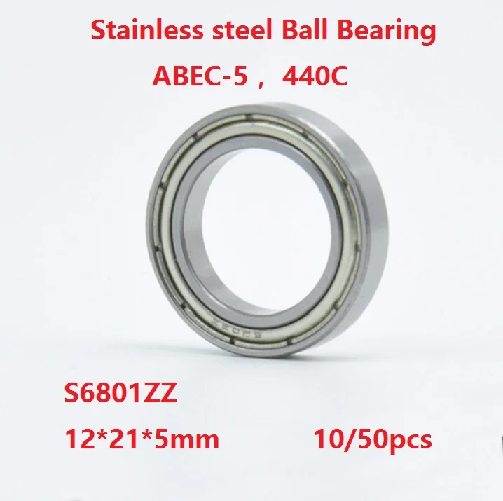 10/50 шт в наборе, ABEC-5 S6801ZZ S6801 ZZ 12*21*5 мм подшипники шариковые подшипники из нержавеющей стали изготовленные тонкостенные подшипники, шариковый подшипник с глубоким жёлобом 12 × 21 × 5 мм