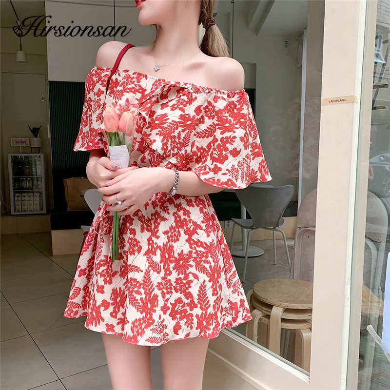 Hirsionsan Off Shoulder Floral Dress Women 2020 Spring New Fashion Chic Chiffon Beach Dresses Ladies Sexy Rompers Korean Hakama | Женская
