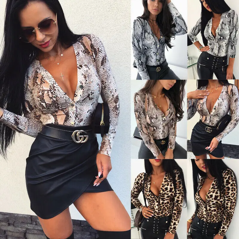 Женская облегающая блузка с длинным рукавом V образным вырезом и леопардовым