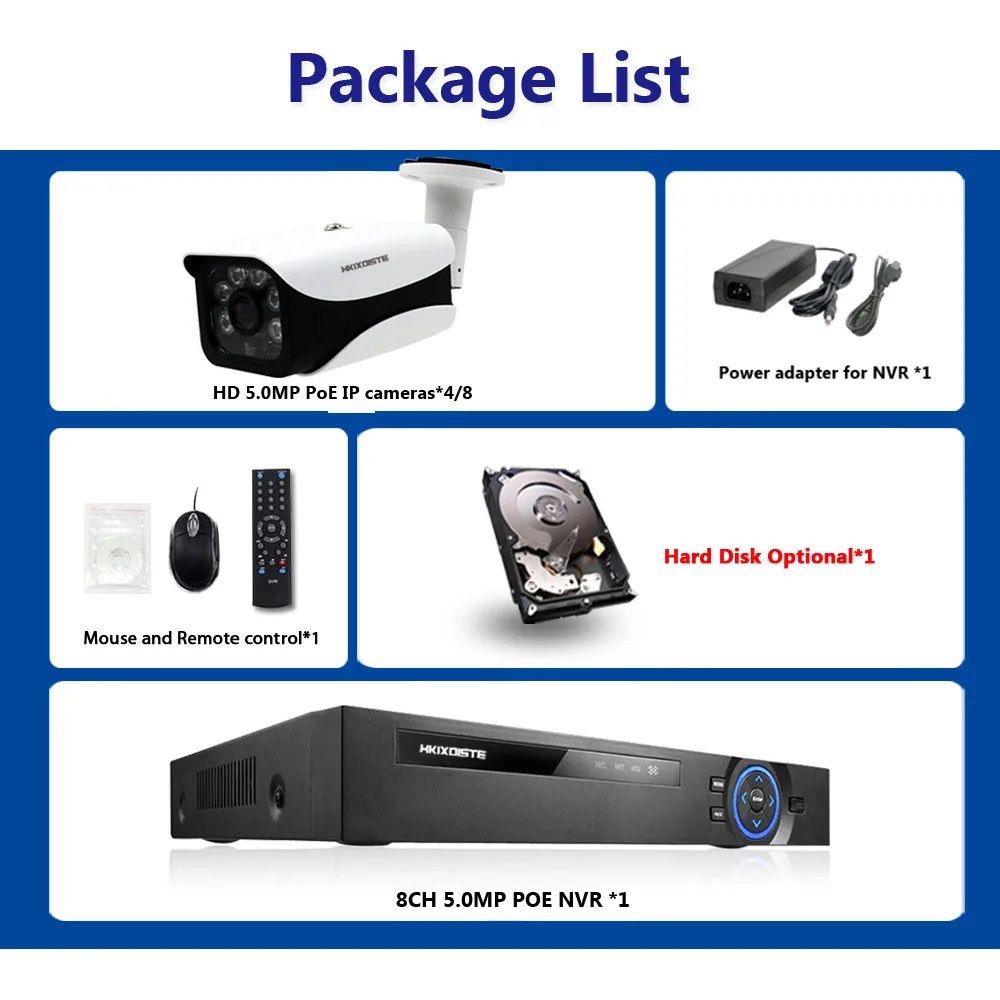 HKIXDISTE H.265+ 8CH 5.0MP NVR POE безопасности ip-камера системы наружного IR-CUT CCTV видео наблюдения рекордер комплект запись лица
