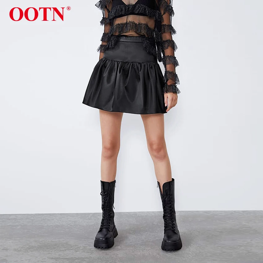 OOTN Повседневная Мини Короткая юбка женская черная Осенняя зимняя высокая талия трапециевидная Женская юбка Уличная Элегантная модная юбка с оборками