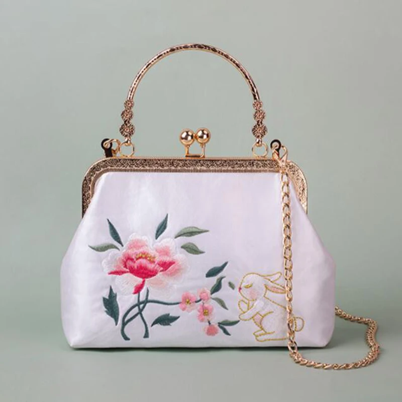 

Angelatracy Embroidery Flower Handbag Jade Hare Women Lace Rabbit Golden Frame Crossbody Bag Women Lolita White Top-Handle Bags