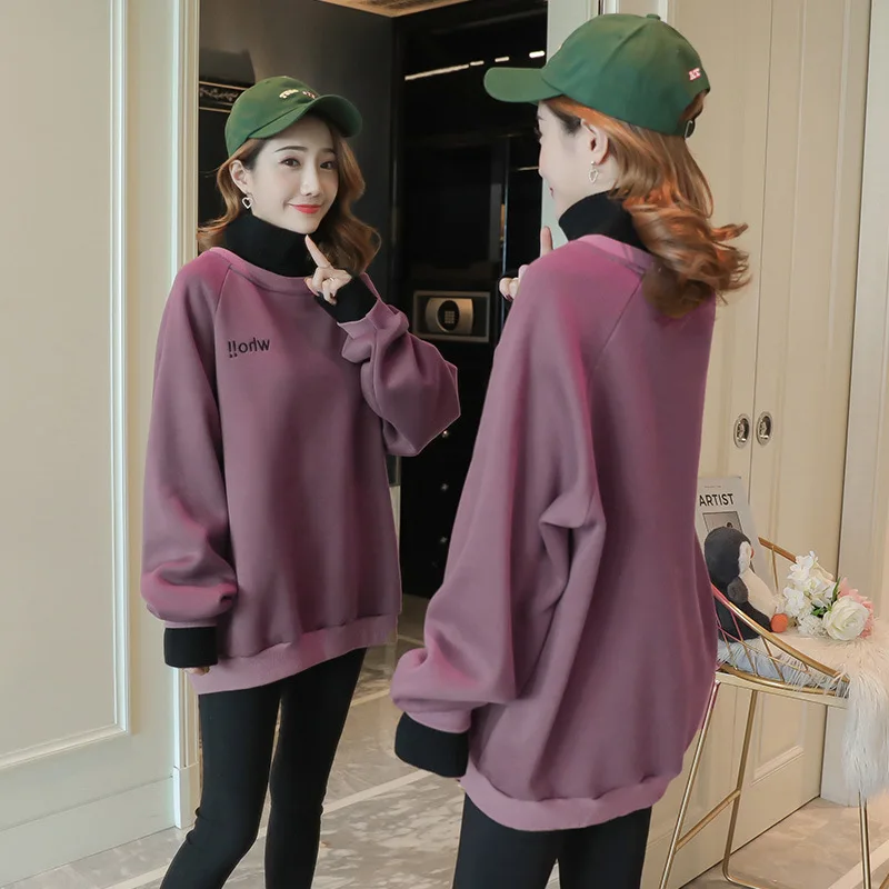 

Maternity Clothes Brushed And Thick Dress Korean-style Winter New Style Mid-length Tops Lettered Embroidered Half-Turtle-Neck Ho