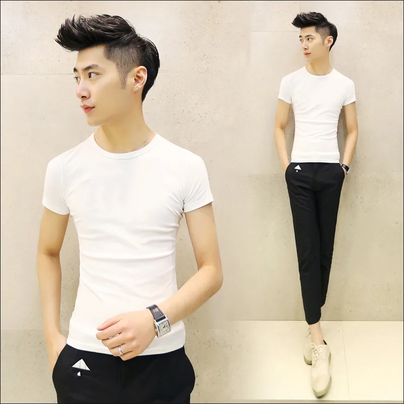 

2016 New Style Korean-style V-neck Short Sleeve T-shirt Teenager Slim Fit Solid Color Base Shirt MEN'S Top Half Sleeve